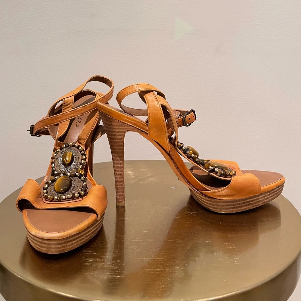 Embellished tan leather APEPAZZA High heel sandals. Size 8.